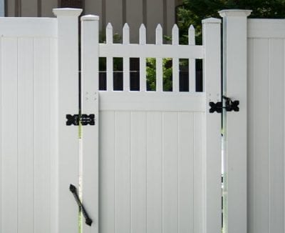 White gate fencing entry way with latches