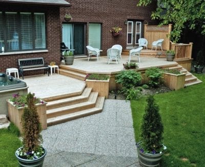 Multilayered wooden deck with plant boxes