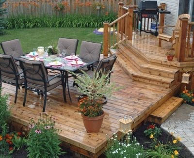 Multilayered wooden deck with outdoor living space