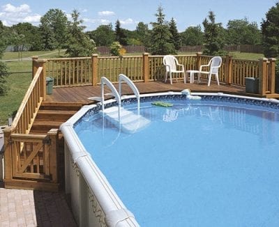 Pool fence with wooden deck & railings