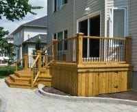 Backyard wooden deck with railings