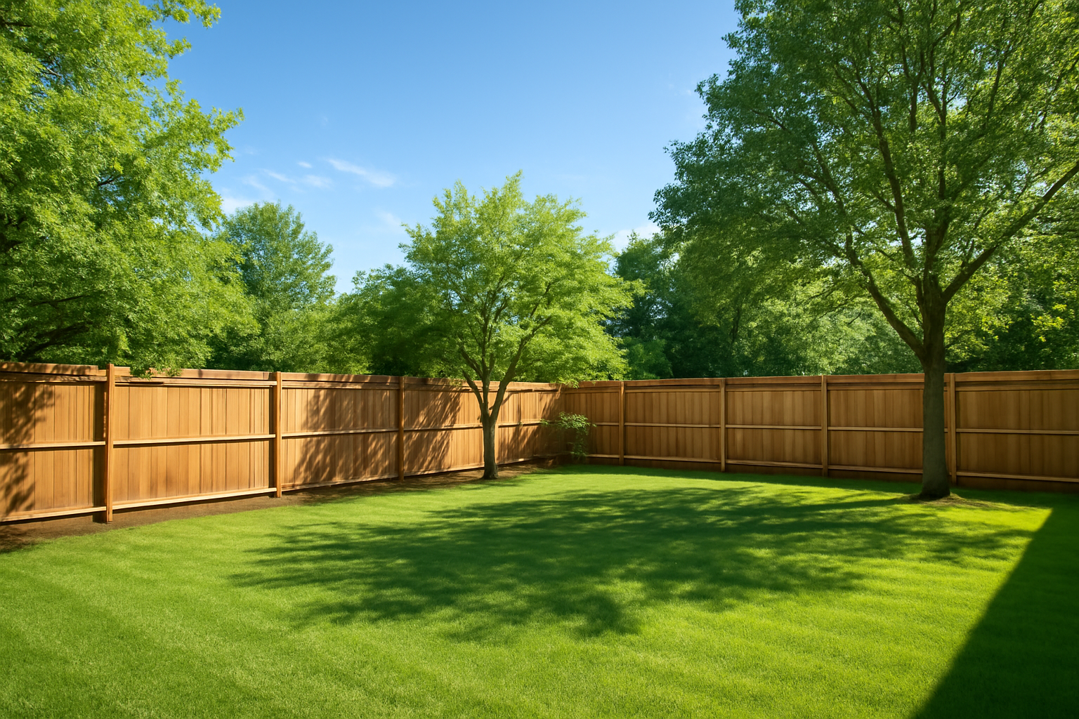 AI generated image of a fence in a green backyard.