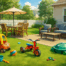 AI generated image of a summer day backyard full of children's toys.