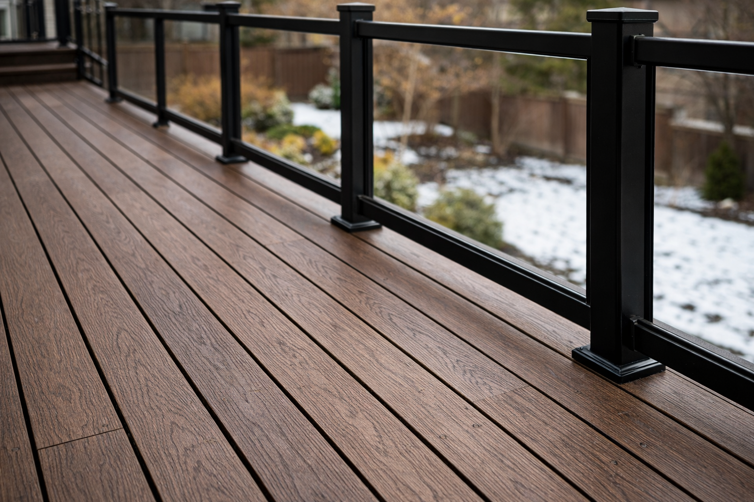 A simple yet attractive low-maintenance deck that looks great in a fenced yard during winter months.